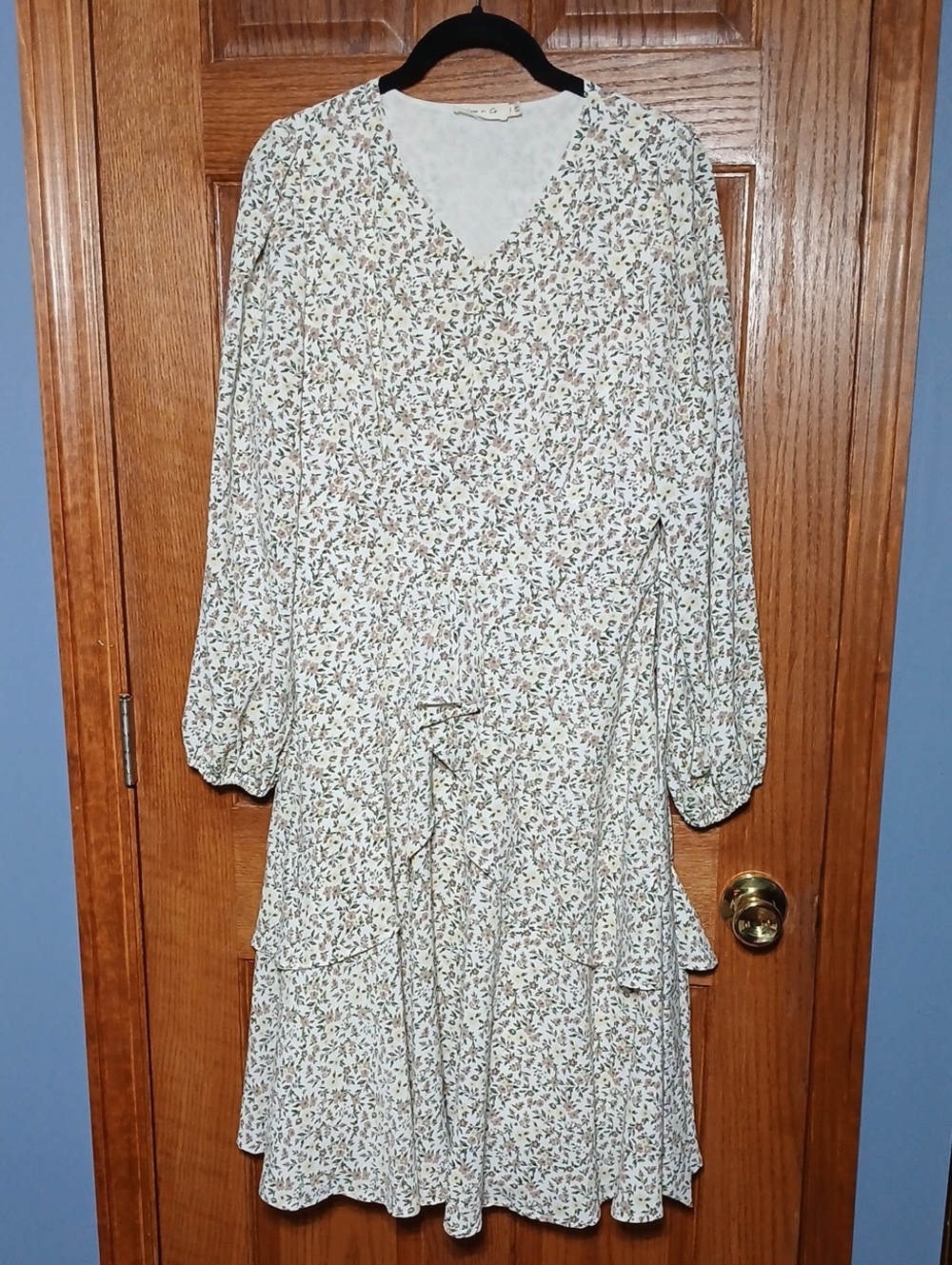 Floral Cream Long Sleeve Wrap-Style Tiered Dress